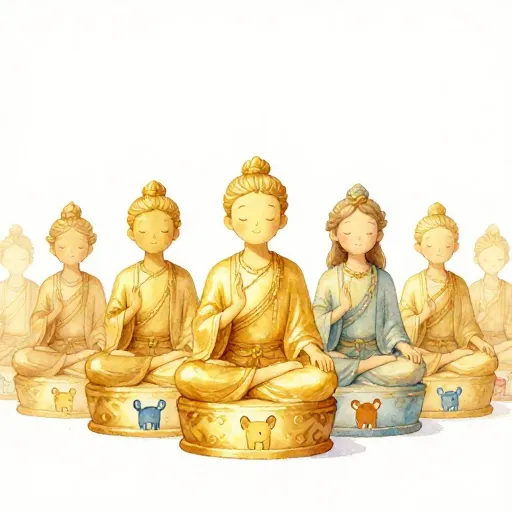 Statues of Jain teachers with their unique animal symbols.