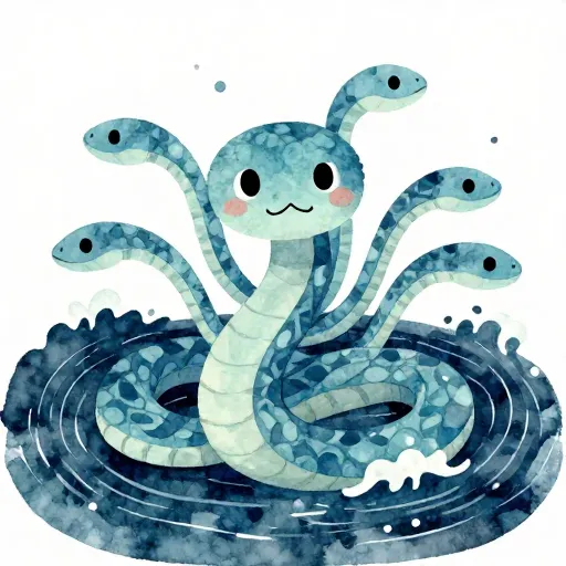 A multi-headed serpent in the sea.