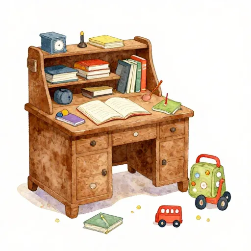 A cozy Swiss study with notebooks and toys.