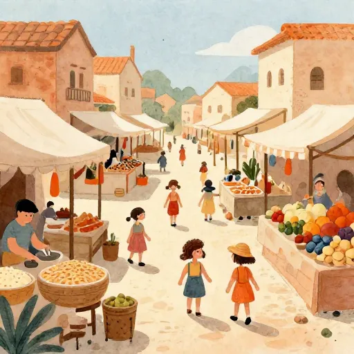 An ancient marketplace scene with baskets of grain and fruit under the sun