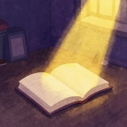A ray of light hitting a blank book in a dark room.