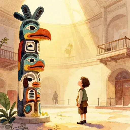 Young Joseph Campbell in a museum looking at a totem pole