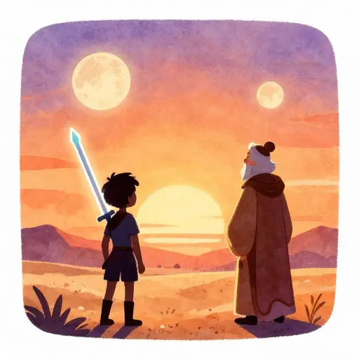 A hero and a mentor looking at a desert sunset