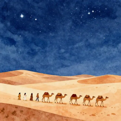 Ancient travelers walking through a desert under a starry sky.