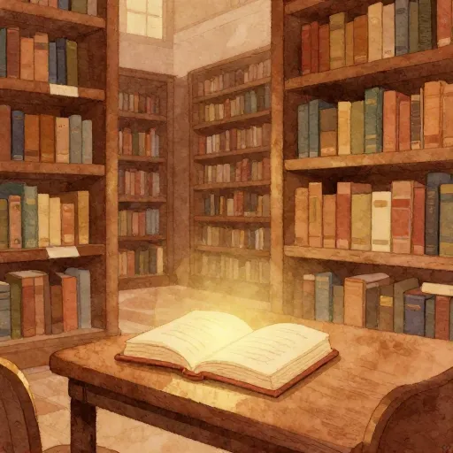 A glowing book on a library table.