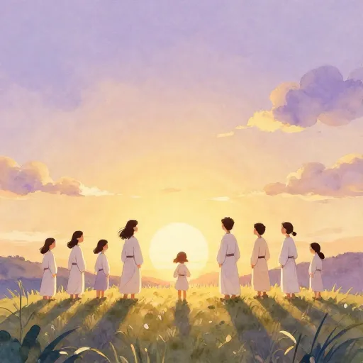 People in white robes watching a sunset.