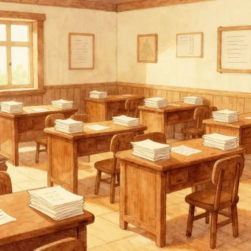 Una ilustración de la casa de Kierkegaard con múltiples escritorios de pie para escribir.