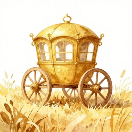 A golden chariot standing in a peaceful field.