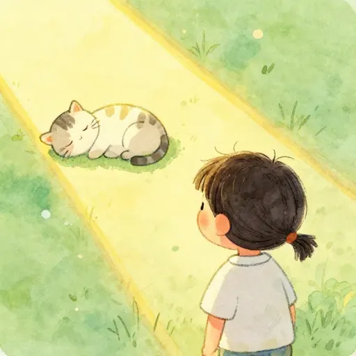 A child observing a cat in a peaceful garden.