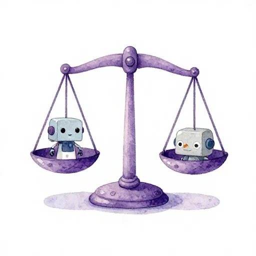 Un petit robot observant une balance parfaitement équilibrée.