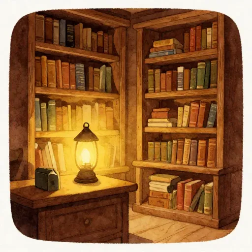 A cozy old library with books and a glowing lamp.