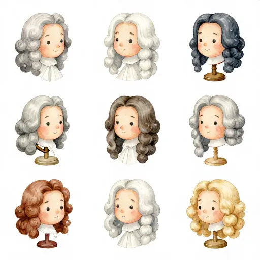 A row of funny, curly white wigs on wooden stands.