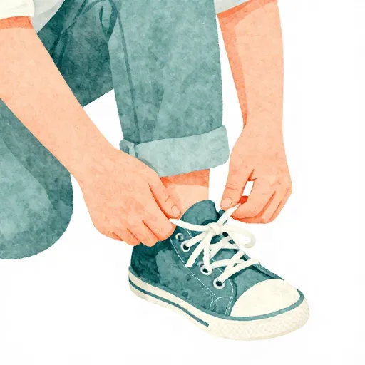 A child and adult working together to tie a shoelace.