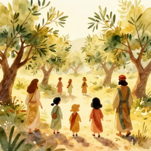 Ancient Greek students walking and talking in a sunny garden.