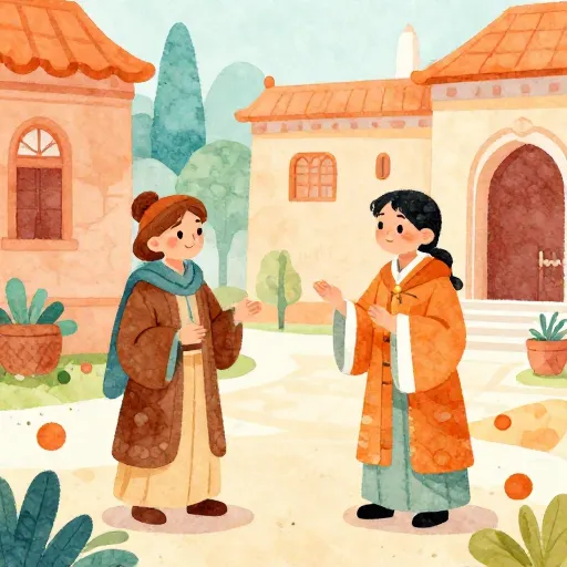Two scholars in traditional Indian clothing talking animatedly in a beautiful courtyard.