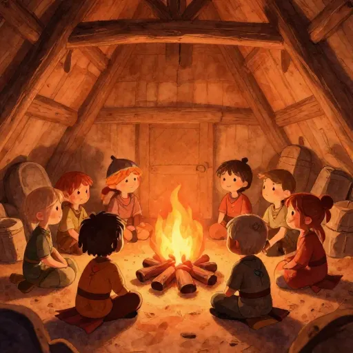 Children sitting by a fire in a Viking longhouse.