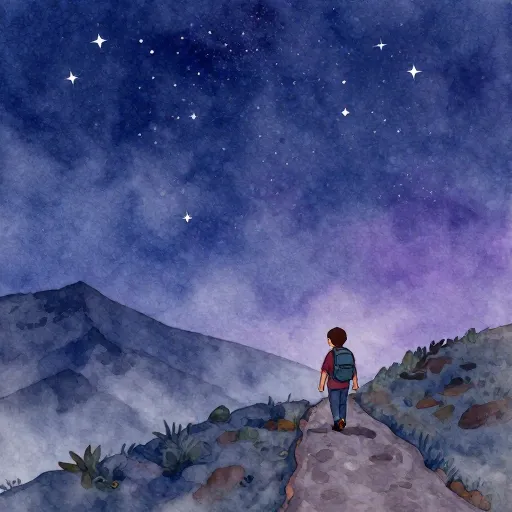A traveler on a quiet mountain path at night