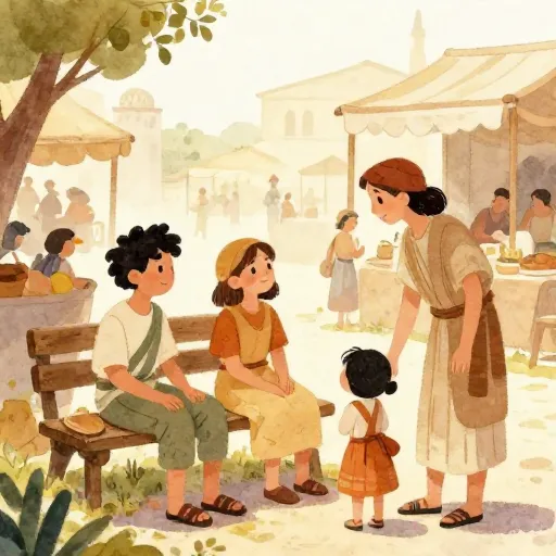 An illustration of an ancient Greek market scene showing friendship and family.