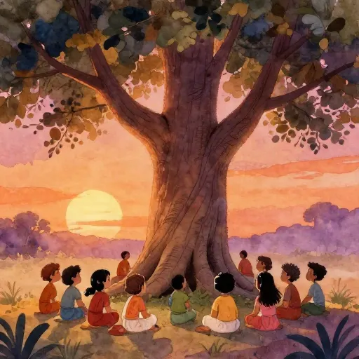 Des enfants assis sous un banian écoutant une histoire.