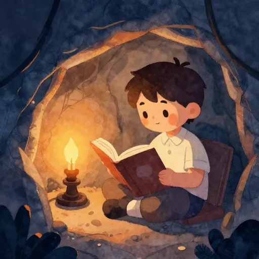 Un jeune homme lisant à la lueur d'une bougie dans une grotte.
