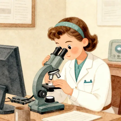 Une illustration d'une femme scientifique dans un bureau d'époque.