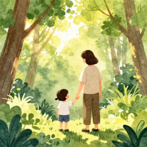 Un enfant et un adulte se tenant la main au bord d'une forêt.