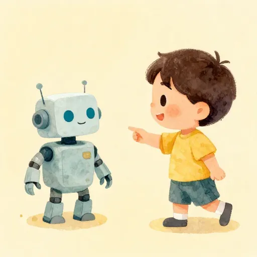 A child talking to a curious robot.