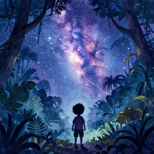 A child looking at a starry night sky above a tropical forest.