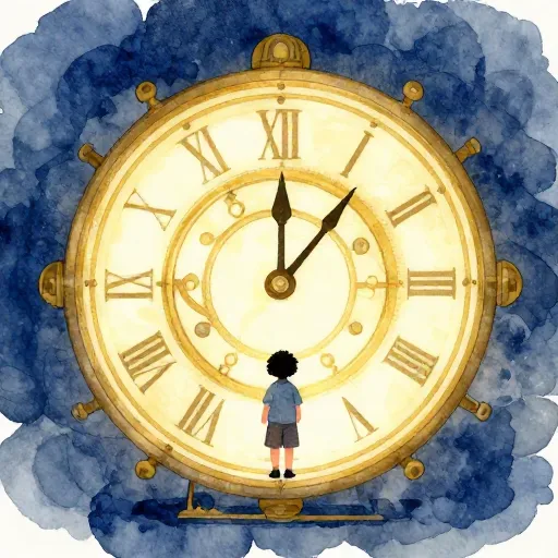 Un niño dentro de un mecanismo de reloj gigante, representando ser parte de un todo mayor.