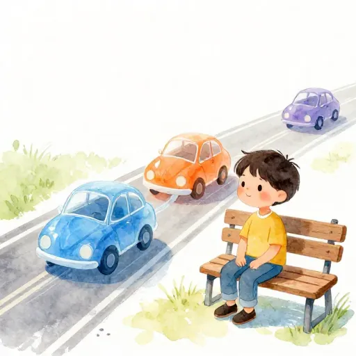 A child sitting peacefully while thoughts pass by like cars.