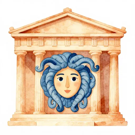 An ancient Greek temple pediment featuring a large carving of Medusa.