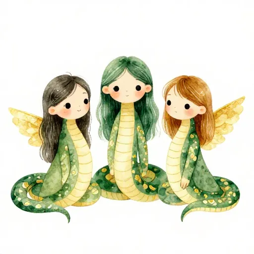 Three Gorgon sisters with serpent hair and golden wings.