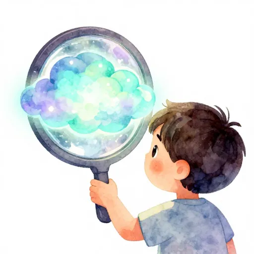 A child looking at a colorful abstract shape in a mirror.