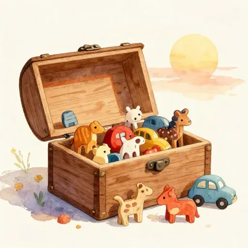 Un coffre à jouets vintage avec de petits jouets en bois.