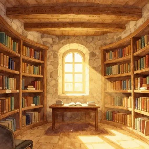 The inside of a circular library with books and beams.