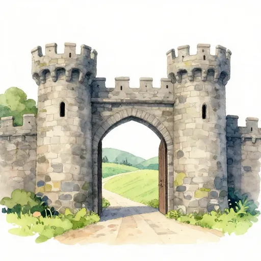 An open castle gate showing a peaceful countryside.