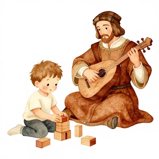 A child being woken up by a musician.