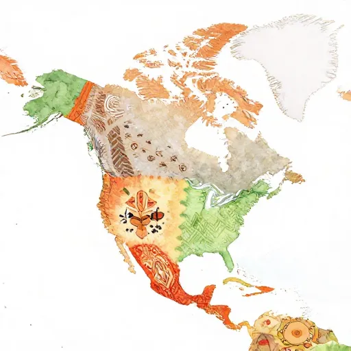 A colorful map of North America with various indigenous patterns.