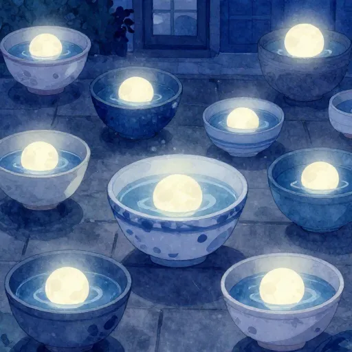 Plusieurs bols d'eau reflétant la lune sous un ciel sombre
