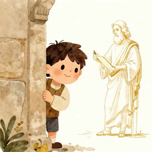 An artist secretly sketching Plotinus from behind a pillar.