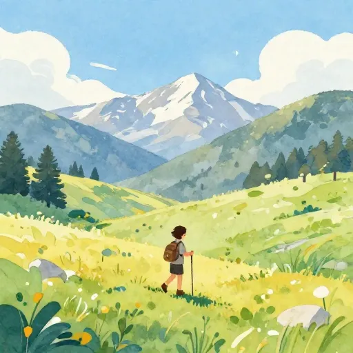 A traveler walking through high mountain peaks.