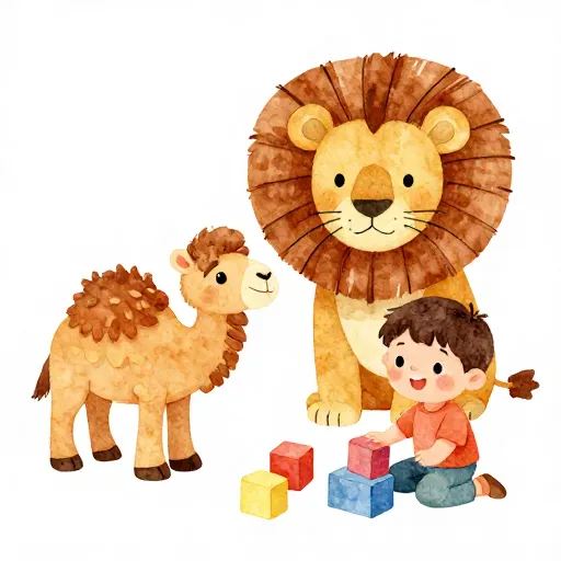 A camel, a lion, and a child representing Nietzsche's three stages.