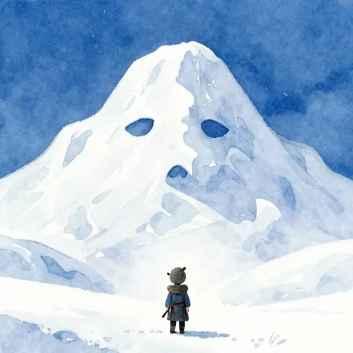 A watercolor illustration of a child looking at a mountain that resembles a giant's face.