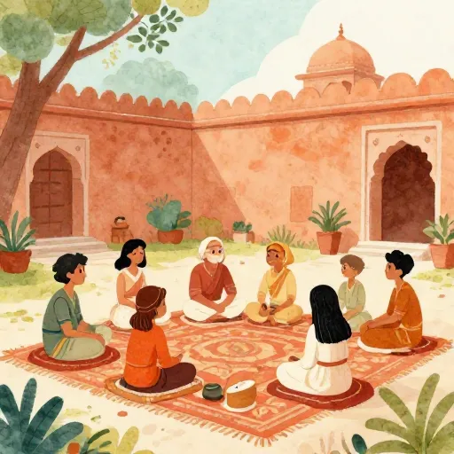A peaceful debate in an ancient Indian courtyard.