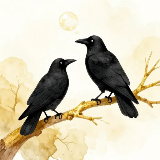 Two ravens sitting on a golden branch.