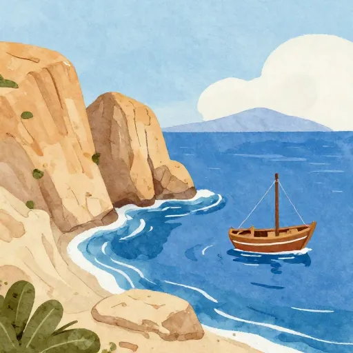 A watercolor painting of the Ancient Greek coastline and a ship.