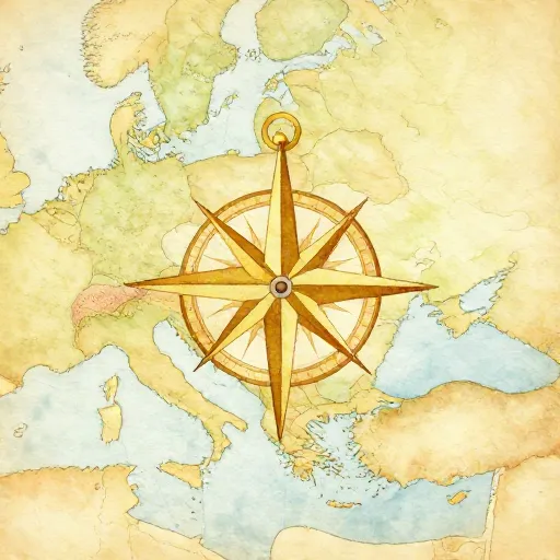 A watercolor map and compass.