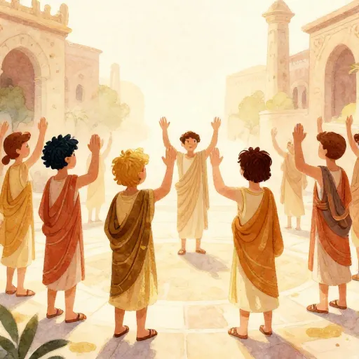 Ancient Greek citizens taking an oath in a town square.