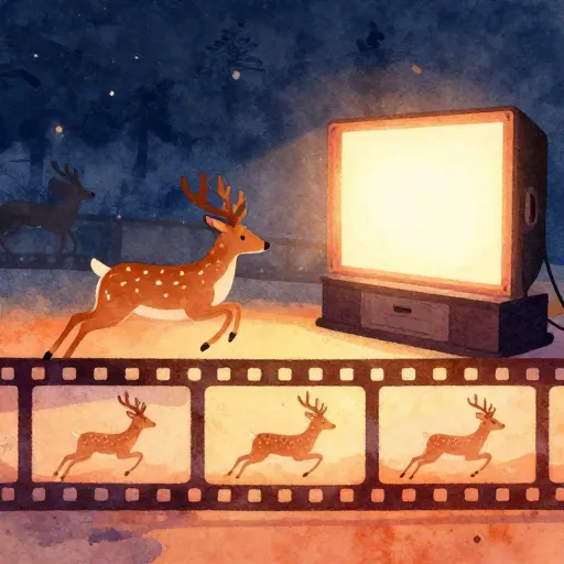 A strip of film showing still frames next to a movie screen.