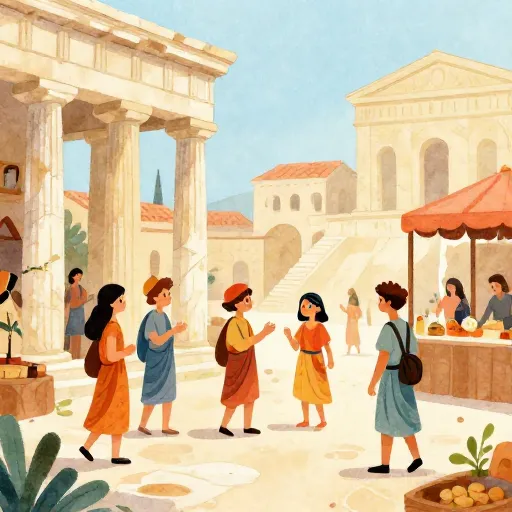 A vibrant illustration of an ancient Greek marketplace.